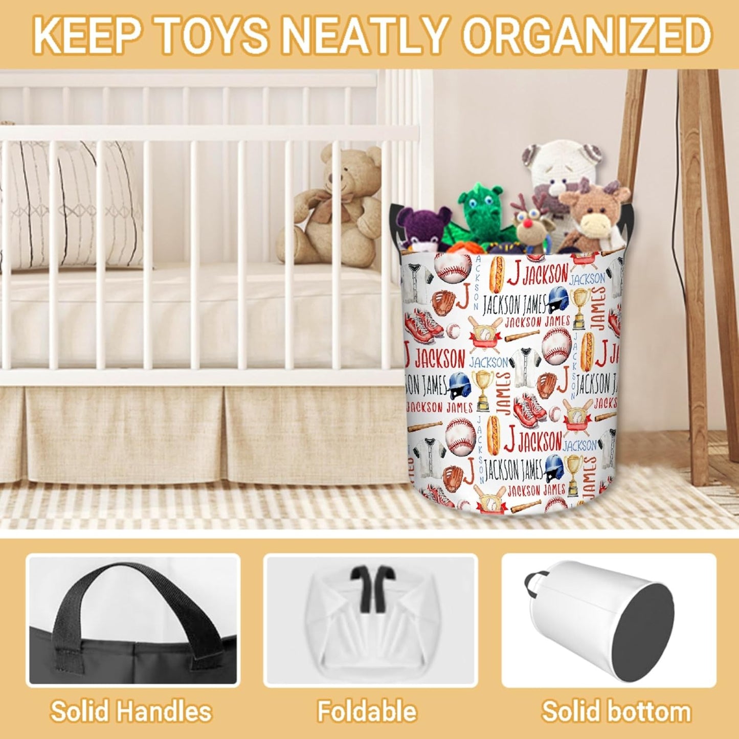 Personalized Baseball Laundry Basket, Custom Sports Laundry Hamper With Name Gifts For Kids Baby Adults, Collapsible Dirty Clothes Storage Organizer With Handles M 19.6 X 15.7in