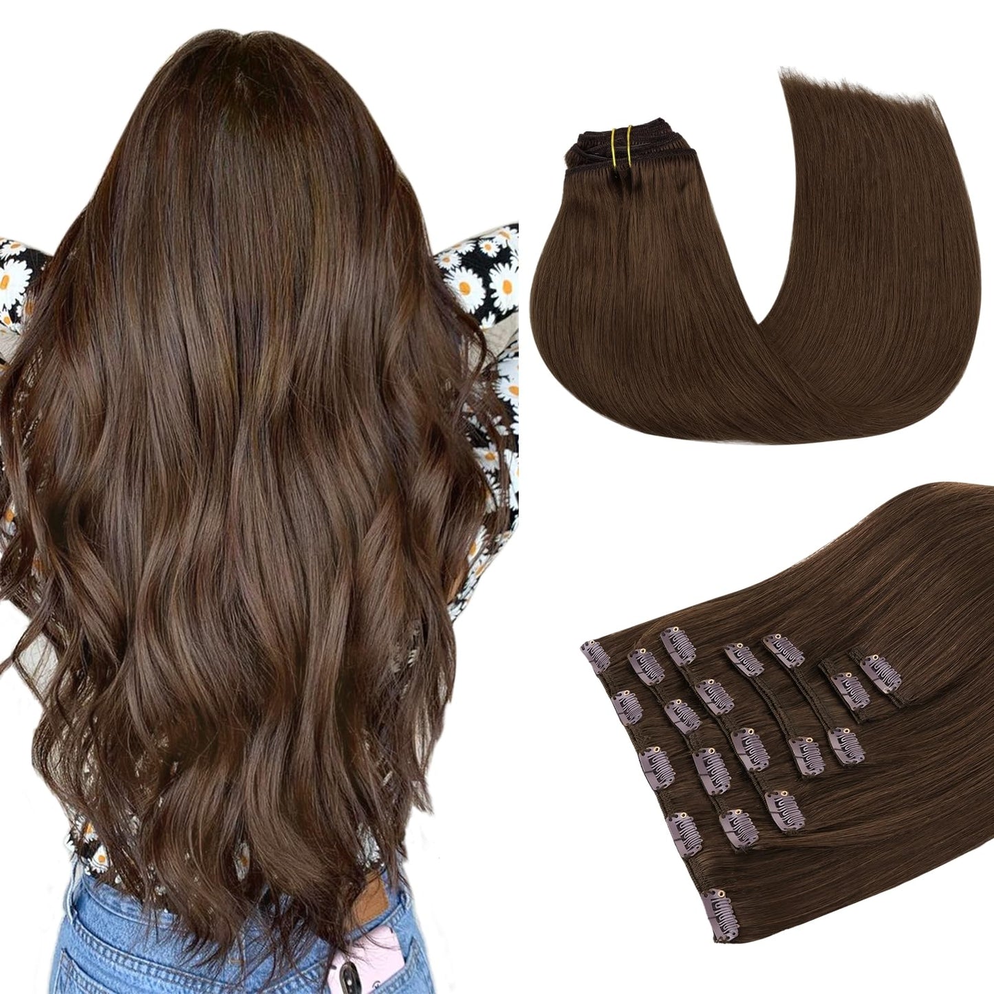 MAXITA Clip in Hair Extensions Real Human Hair, 7 pcs Chocolate Brown 24 Inch 120g, Clip ins Remy Hair Natural Straight Hair for