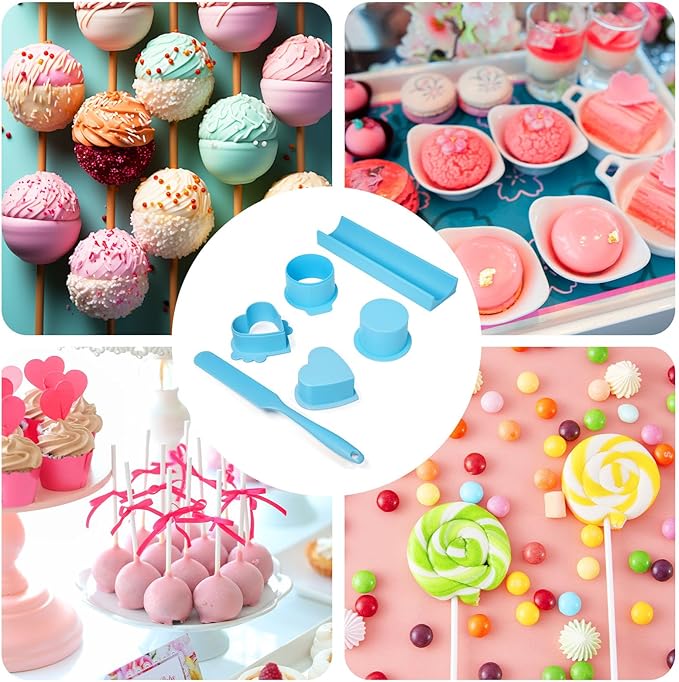Cake Pop Mold Maker Cutter Set - Include 2 Inch Circle Pusher & 9 Inch Tray & silicone knife, Baking Kit for Home, Birthdays, Weddings (Blue)