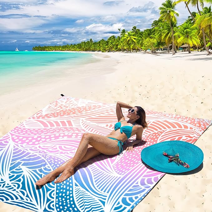 Beach Blanket Waterproof Sandproof Beach Mat for 1-8 Adults Quick Drying Durable Outdoor Picnic Mat for Beach Festival Travel Camping Hiking (Gradiant-Ripple, 79"×108"(6 Person))