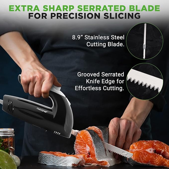 NutriChef Upgraded Premium Electric Knife - 8.9" Carving Knife, Serrated Blades, Lightweight, Ergonomic Design Easy Grip, Easy Blade Removal, Great For Thanksgiving, Meat & Cheese, Black - PKELKN8