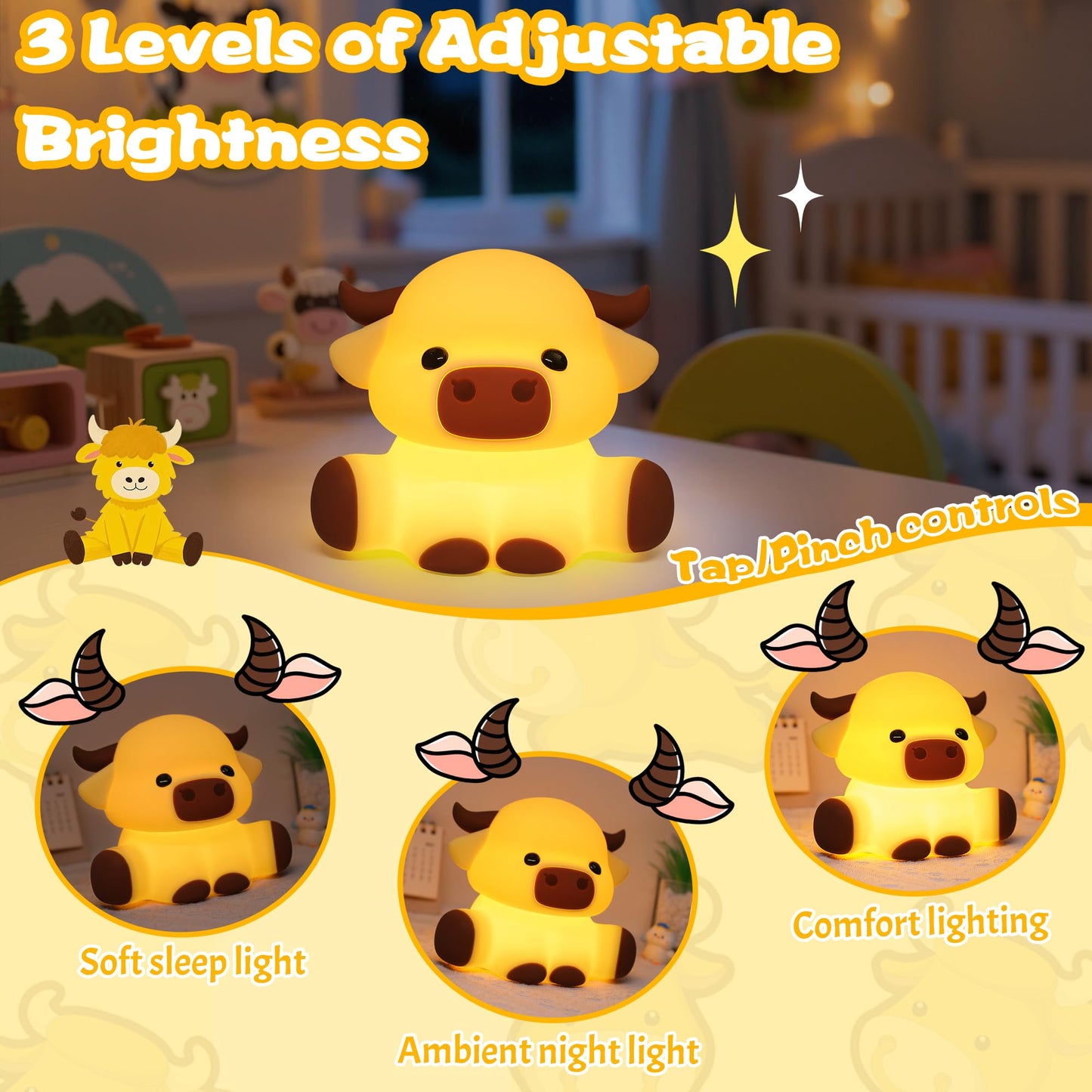 Okiyid Highland Cow Lamp  Dimmable Silicone Touch Night Light  Soft Glow Bedside Lamp For Bedroom Or Desk Decor  Highland Cow Gifts  Usb Powered With Gentle Illumination