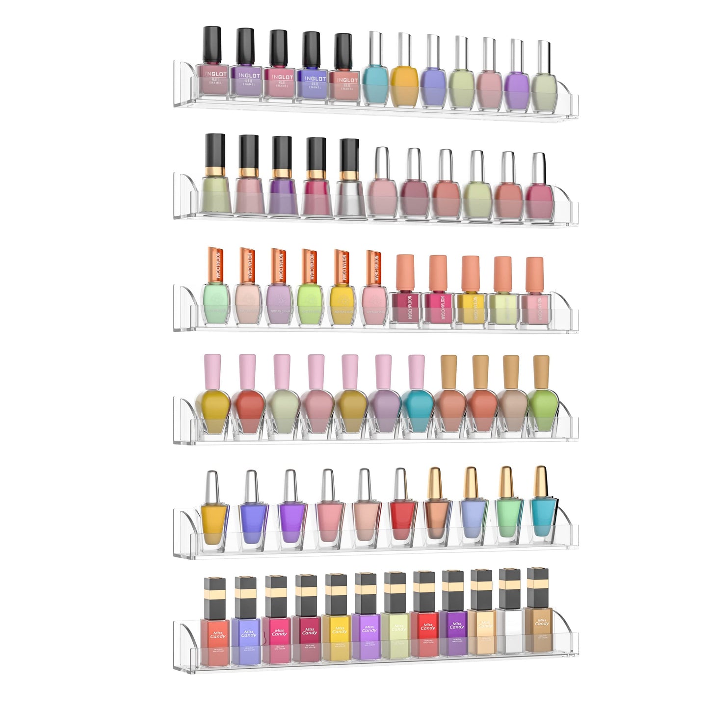 Hexsonhoma 15 Inch Acrylic Nail Polish Rack for Wall Set of 6, Wall Mounted Nail Polish Display Rack with End Caps, Nail Oranize