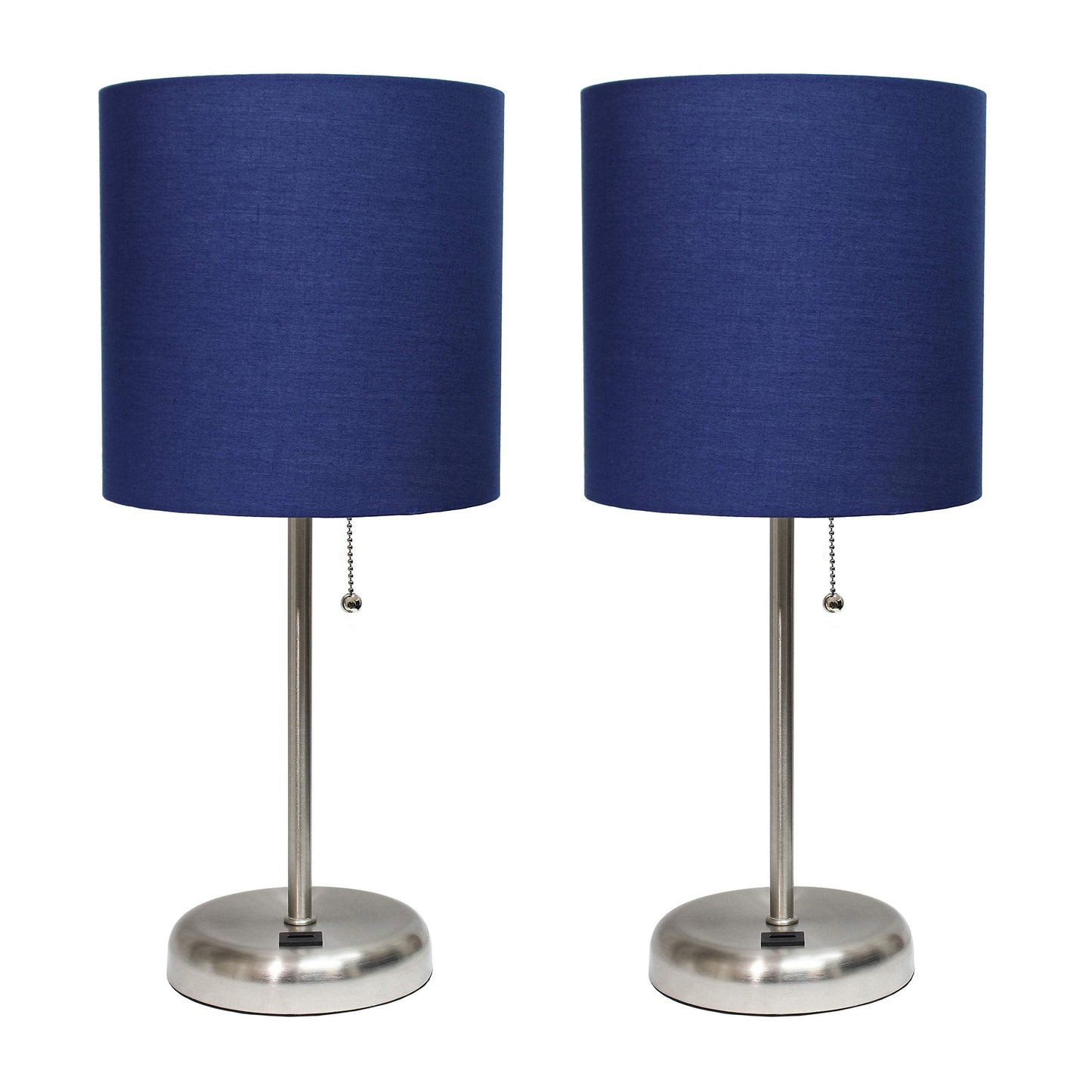 Simple Designs LC2002-NAV-2PK Brushed Steel Table Lamp Set with USB Charging Port, Navy Blue Shades, 2 Pack