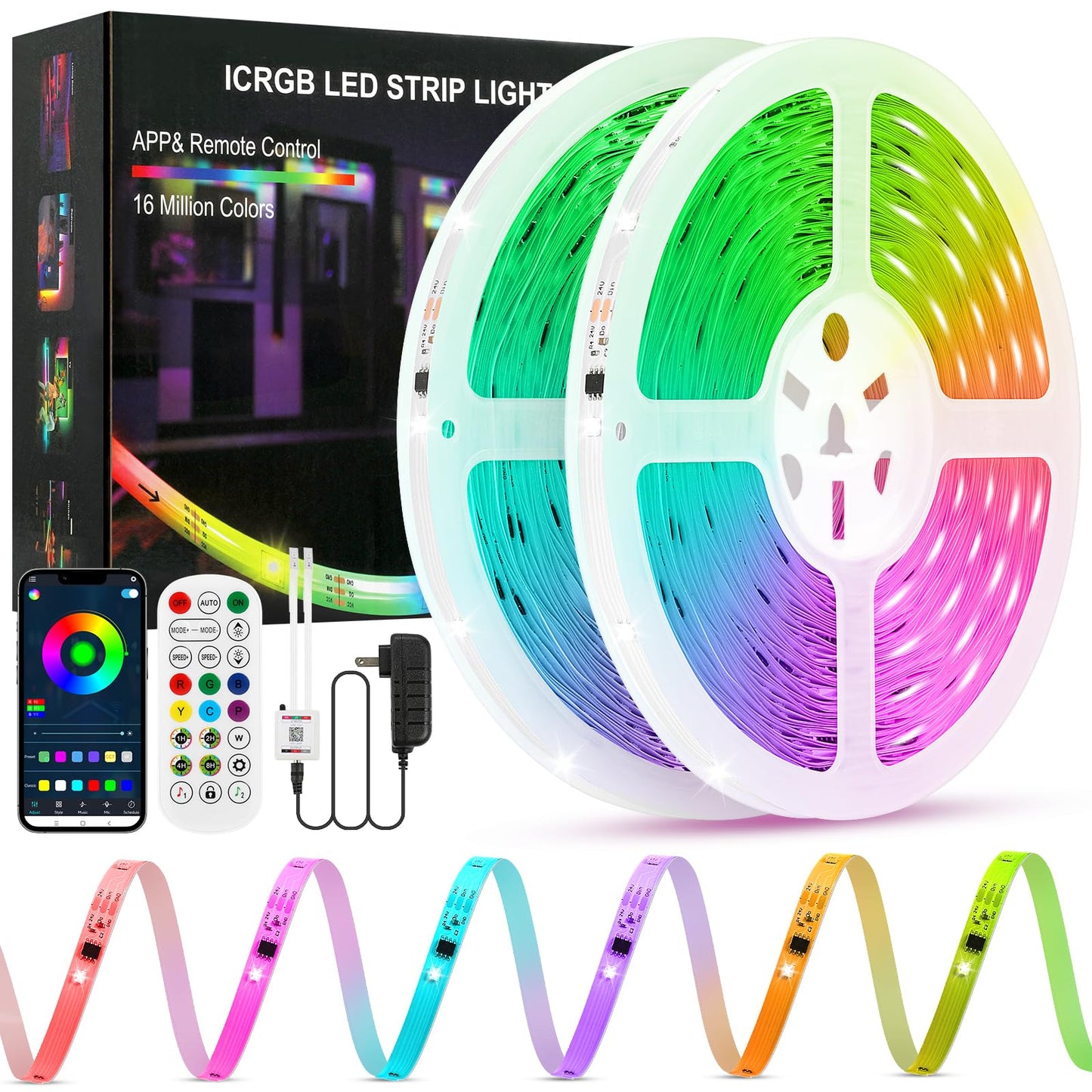 ERBTY LED Strip Lights, 100FT (2 Rolls of 50ft), RGB Color Changing, App & Remote Control, Multicolor, Model YiJiuBaBa-LBHC30M