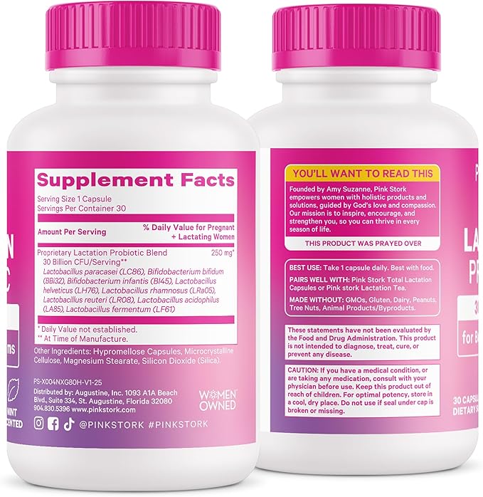 Pink Stork Lactation Probiotic - 30 Billion CFUs Multi Strain Postnatal Probiotics for Breastfeeding Women - Support Breast Milk & Gut Health, Postpartum Essentials, Mint Essence, 30 Capsules