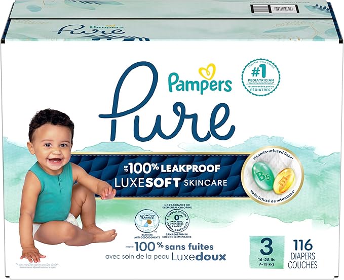 Pampers Pure Protection Baby Diapers, Size 3 (16-28 lbs), 116 Count, Up to 100% Leakproof, Premium Plant-based Skin Protection, Hypoallergenic Soft Diapers