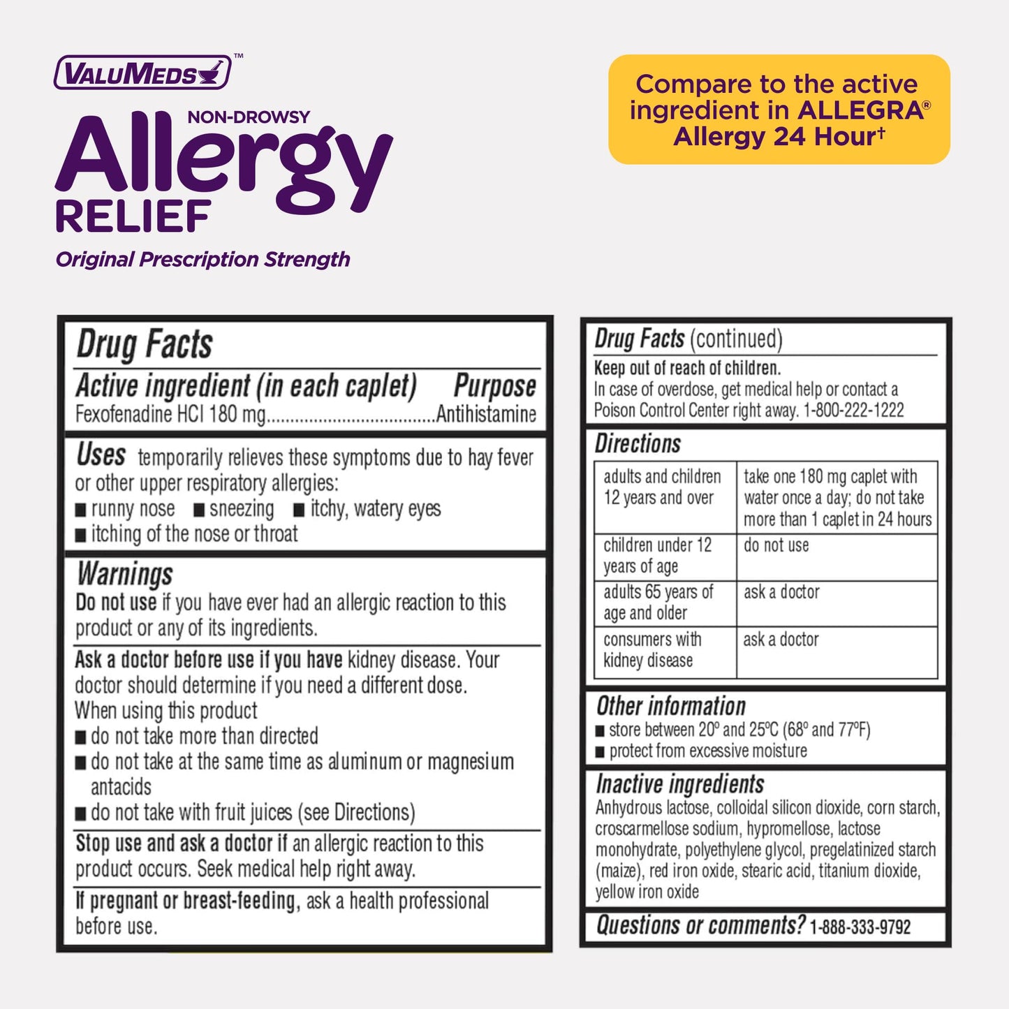 ValuMeds | Compare to Allegra | Fexofenadine HCl 180mg | 24-Hour Allergy Relief, Non-Drowsy Antihistamine Generic Medicine for Allergies, Hay Fever, Itchy Eyes | for Kids & Adults (100 Count)