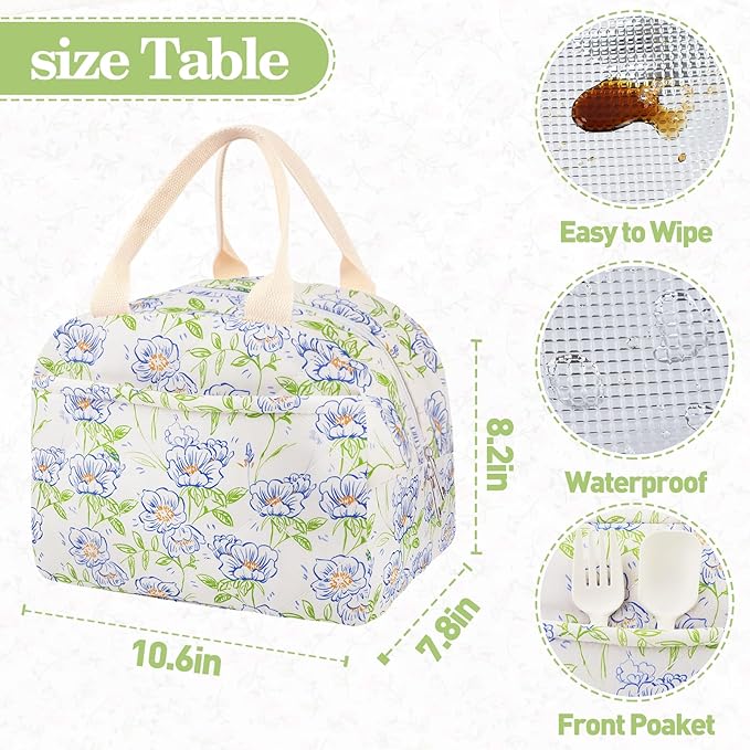 Cotton Quilted Insulated Lunch Bag, Cute Quilted Floral Lunch Tote Bags Reusable Insulated Lunch Box Coquette Aesthetic Large Capacity Insulated Cooler for Women Work Travel Picnic (Blue Flower)