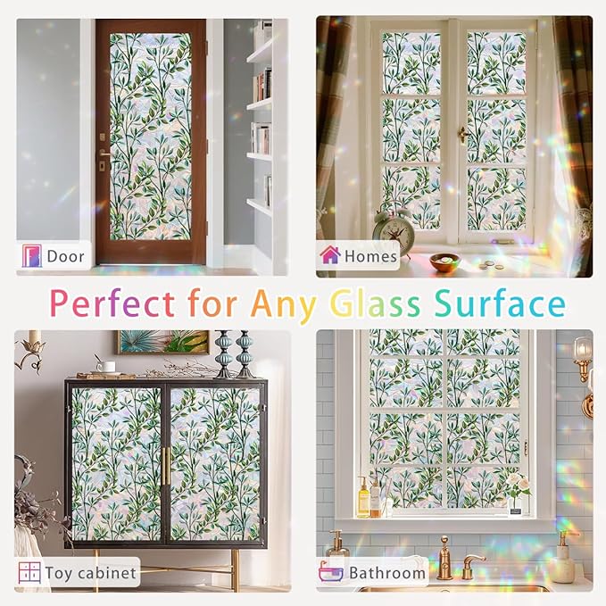 Leaf Stained Glass Window Film Static Cling with Tools - 35.4 x 78.7 Inch Non-Adhesive Privacy Decorative Rainbow Film for Windows, Doors, Sidelights - Easy Install & Remove