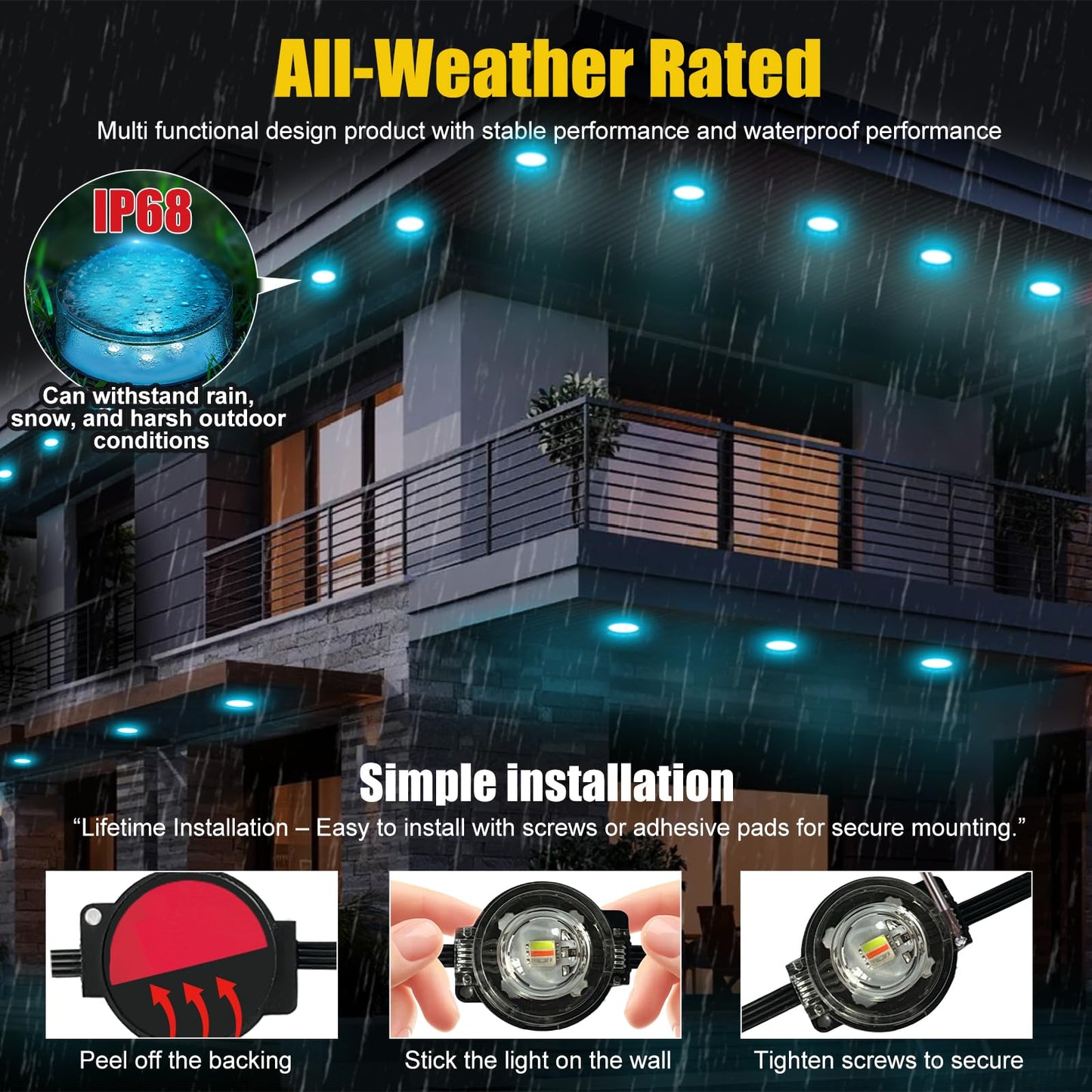 Geodurn LED String Lights, 200 FT Waterproof, Color-Changing, App/Remote Control, Black, Model DCD-60M