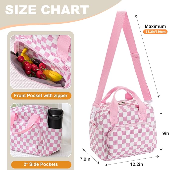 Large Lunch Bag for Women Insulated Lunch Box Reusable Cooler Bag Portable Cute Corduroy Leakproof Tote Bags for Travel, Work, and Picnic, Pink and White