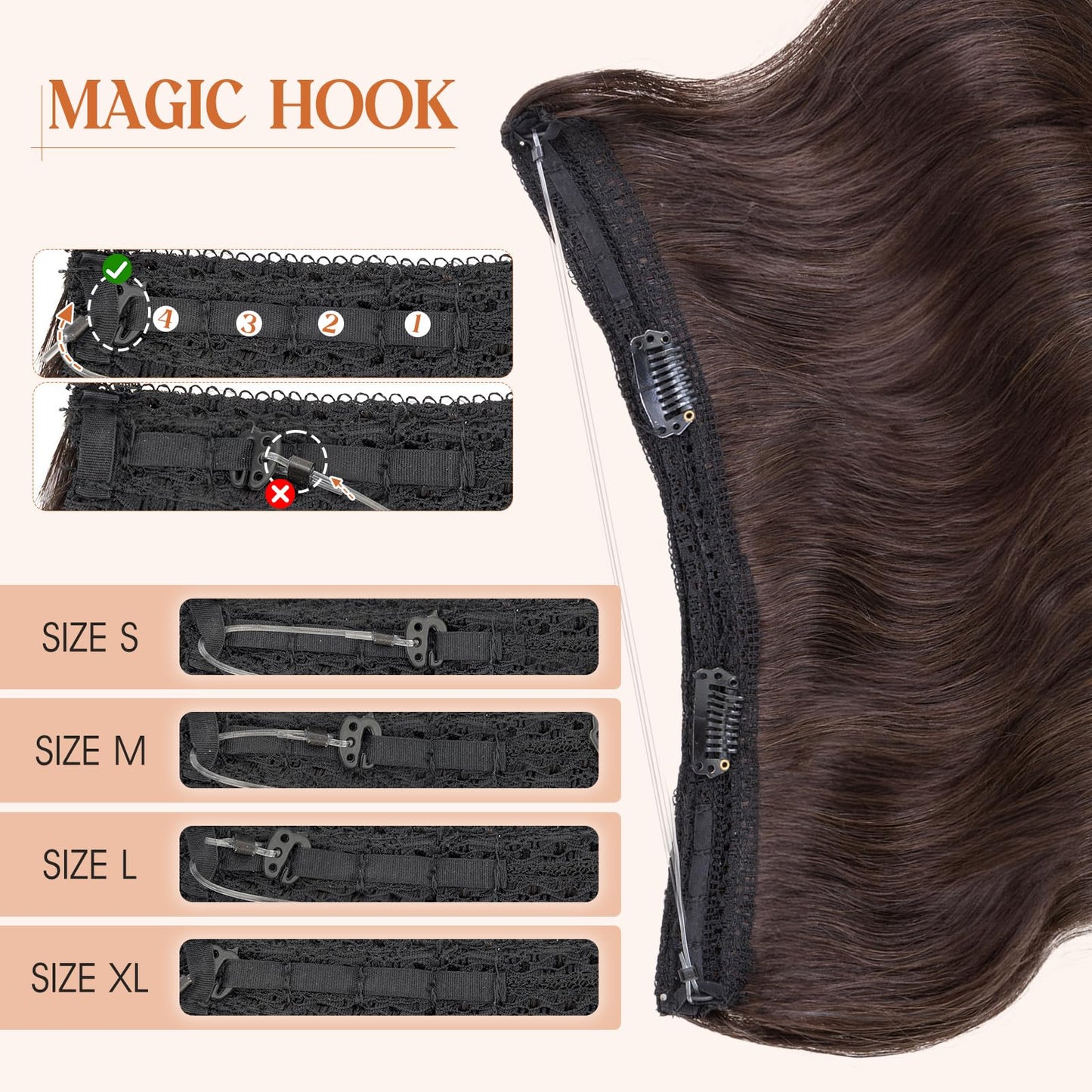 S-noilite Wavy Halo Hair Extensions Real Human Hair,18Inch Invisible Wire Hair Extensions,2 Clips Halo Extensions for Women(Dark