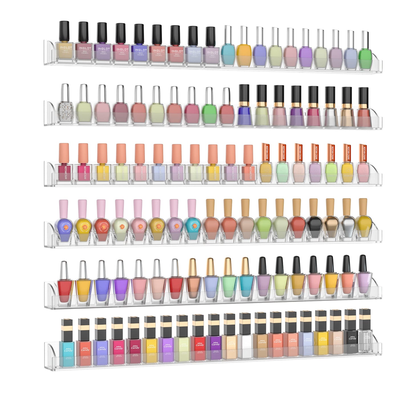 Hexsonhoma 24 Inch Clear Nail Polish Wall Rack with Removable End Caps Set of 6, Acrylic Nail Polish Organizer Wall Mounted,Nail