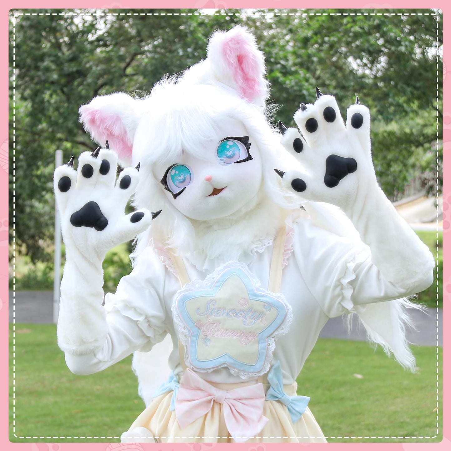 ZFKJERS Cosplay Furry Cat Claw Long Gloves Five-Finger Paws Mittens Costume Accessories for Halloween (White Black, Medium)