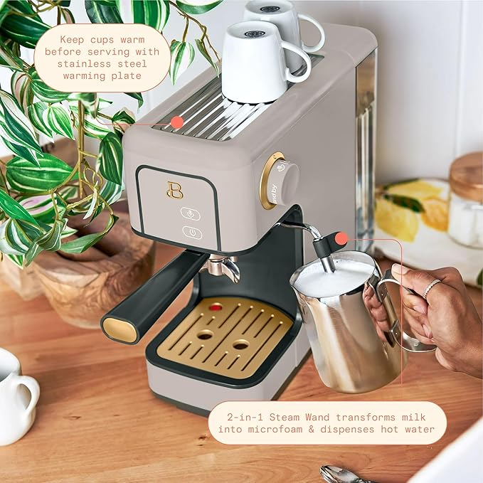 Beautiful 20-Bar Slim Espresso Machine | Single & Double Shot Programmable Brewing, Compact 4.7-in Width, Stainless Cup Warmer, Auto Shut-Off, 50 oz Tank (Porcini Taupe)