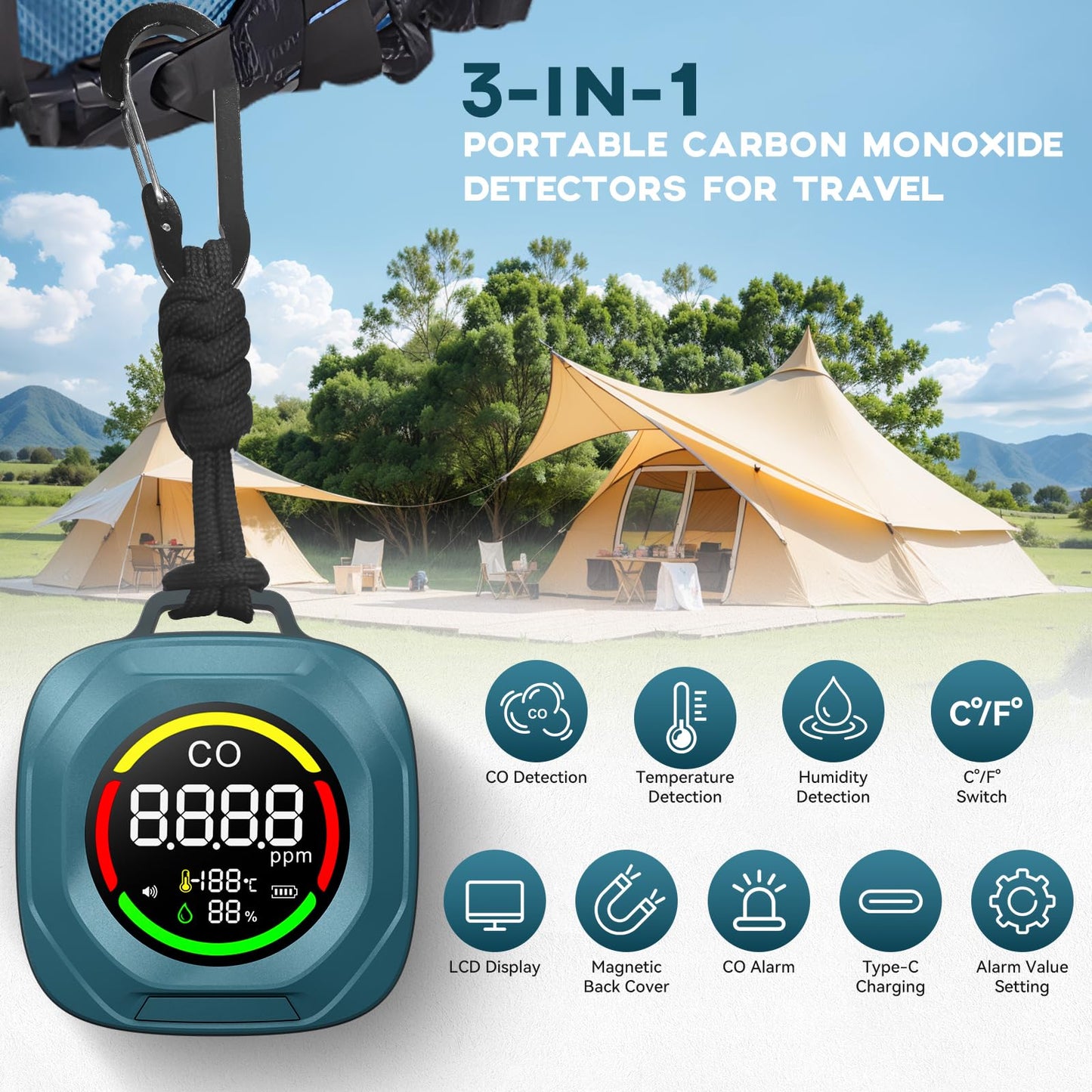 Portable 3-in-1 Carbon Monoxide Detectors - Rechargeable CO Monitor with Alarm, Temperature & Humidity Detection, Magnetic Back, 200H Standby, Custom Thresholds for RV, Car, Camping & Travel-Blue