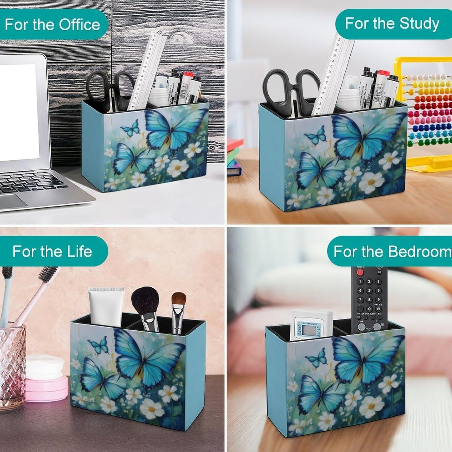 Blue Butterfly Floral Lether Pen Holder for Desk Makeup Brush Holder Office Organizer Desk Accessory for School Office