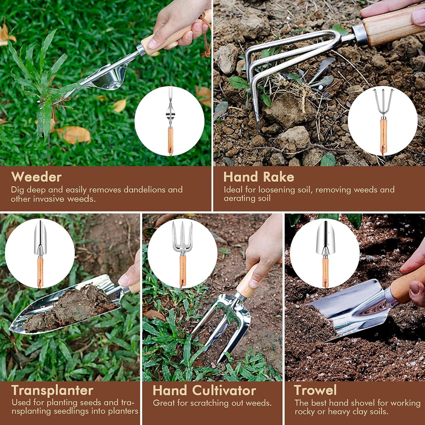 Gardening Tools - YAUNGEL 10 Pcs Garden Tool Set, Heavy Duty Stainless Steel Gardening Supplies Hand Tools with Wooden Handle, Storage Tote Bag, Ideal Gardening Gifts for Women and Men, Pink