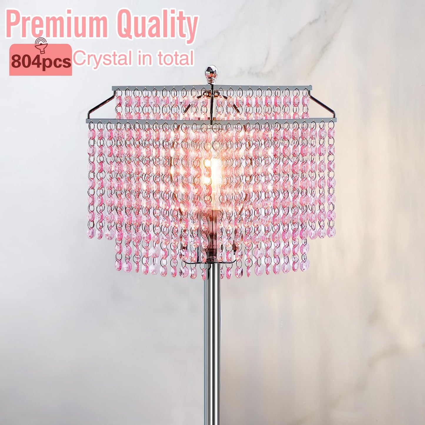 Luvkczc Pink Crystal Floor Lamp, 64 Tall Metal Standing Lamp With Double-Layer Lampshade, On/Off Foot Switch For Living Room And Office