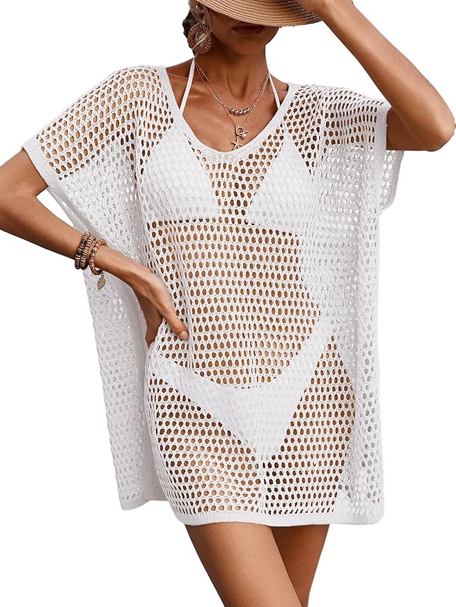 BreathSunny Womens Oversized Crochet Beach Dresses Summer 2026 Scoop Neck Cap Sleeve Bathing Suit Cover Up Mini Dress