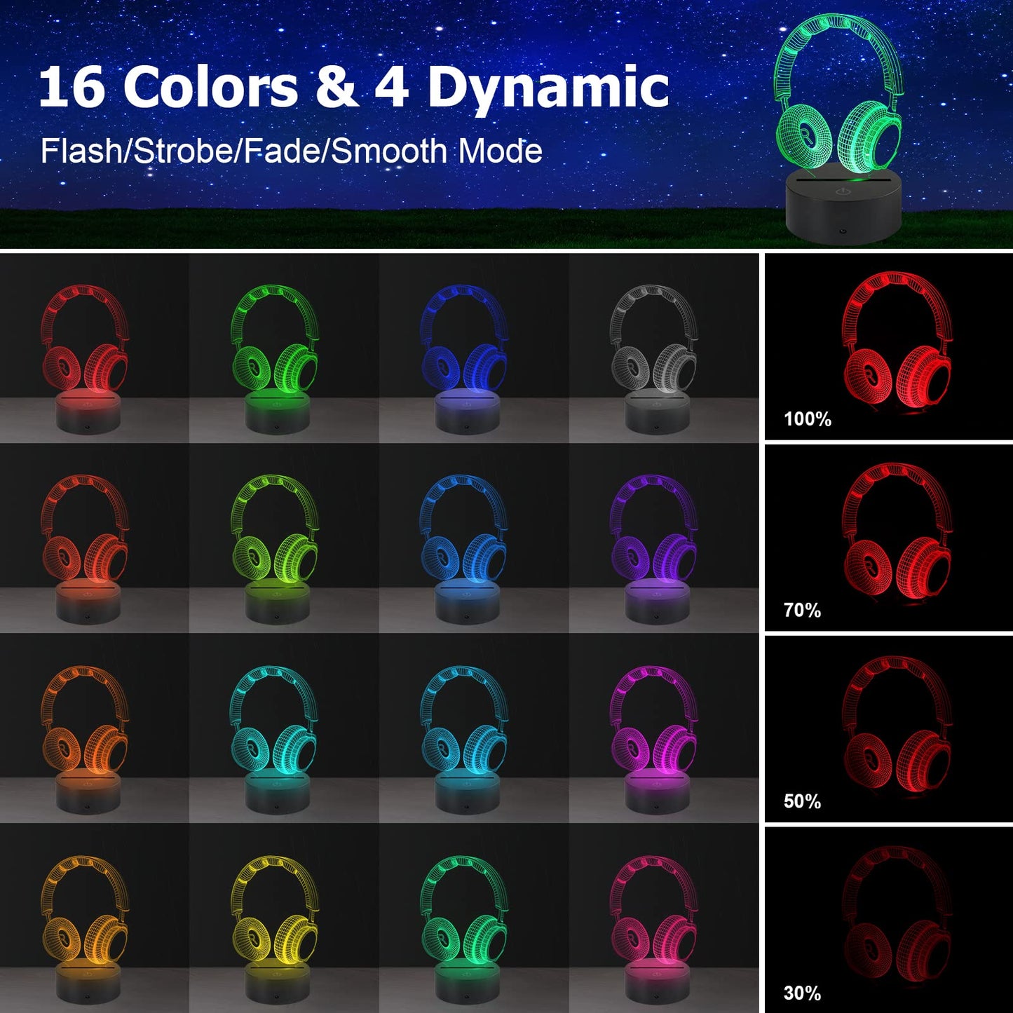 AZIMOM 3D Illusion Lamp - Multicolor Night Light with Smart Touch Sensor & Remote Control, Headset Size, Model 1