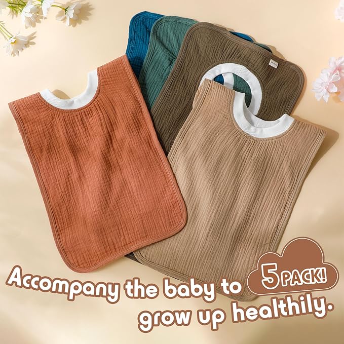 Newwiee 5 Pcs Large Muslin Pullover Baby Bibs Full Coverage Toddler Slip on Absorbent Bib Waterproof Toddler Towel Bibs (Stylish Color)