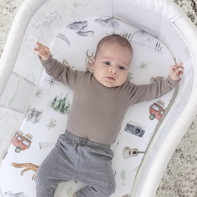 Pobibaby - 2 Pack Premium Bassinet Sheets for Standard Bassinets - Ultra-Soft Cotton Blend, Stylish Woodland Pattern, Safe and Snug for Baby (Explore)