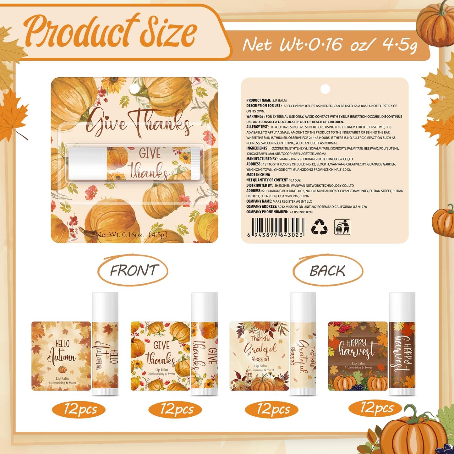 Qunclay 48 Pcs Thanksgiving Fall Pumpkin Lip Balm Bulk Maple Leaf Lip Balms Gifts Thanksgiving Baby Shower Party Supplies Thank