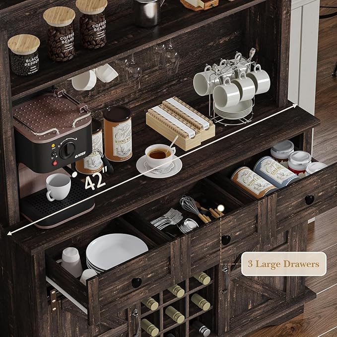 63 Inch Tall Coffee Bar Cabinet with 3-Tier, Kitchen Hutch with 3 Large Drawers, Farmhouse Coffee Bar with 9 Wine Racks & 3 Glass Holders, Wine Storage Cabinet for Living Dining Room, Oak