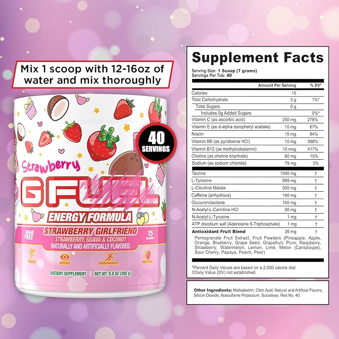 G fuel Strawberry Girlfriend Energy Drink Powder, Pre Workout Caffeine Mix for Gaming, Sugar Free Focus Amino + Antioxidants, 9.9oz (Strawberry Guava, Coconut, 40 Servings)