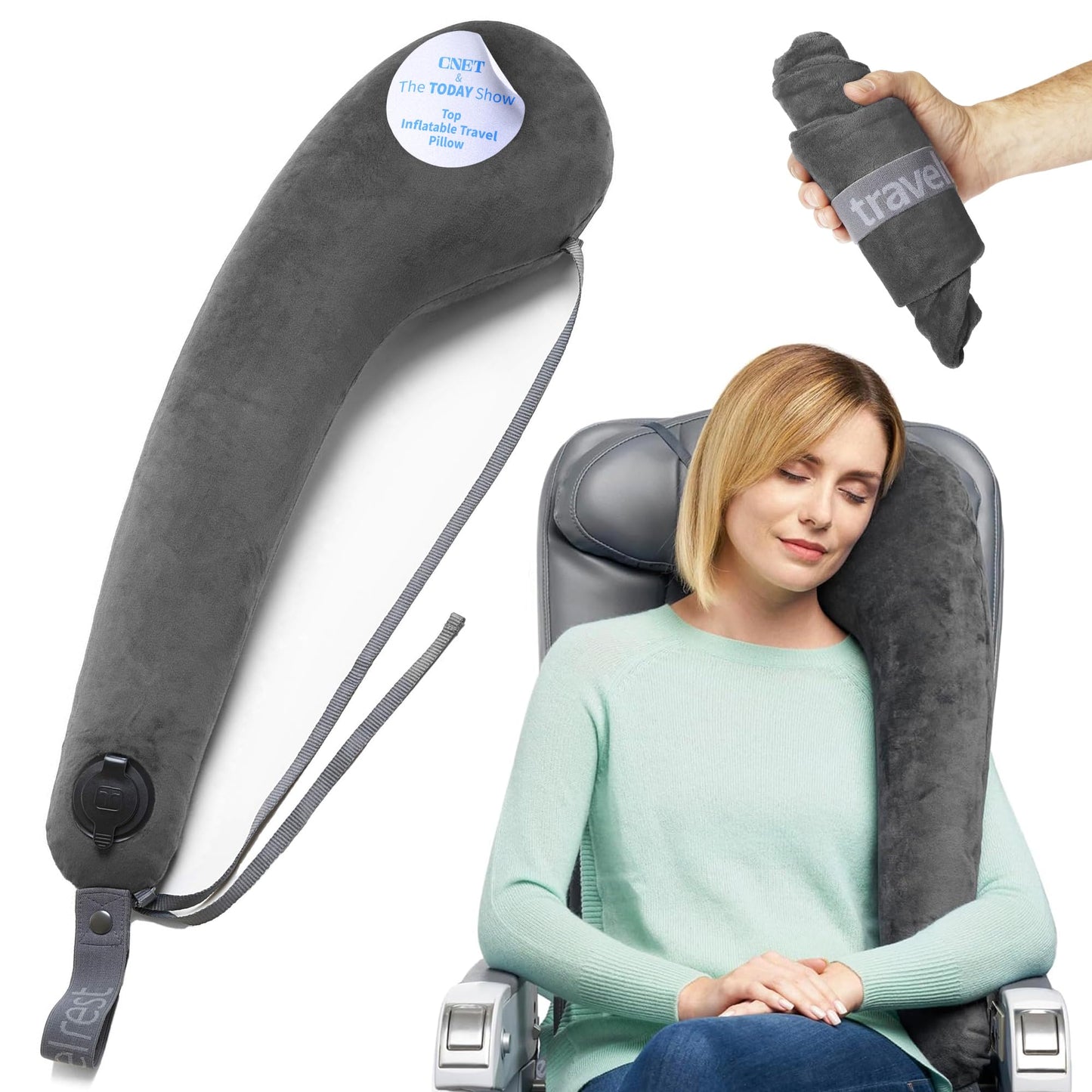 TRAVELREST All-in-One Neck & Body Pillow - Advanced Support and Comfort Design, Travel Essentials, Memory Foam, Inflatable, Airplane & Car Seat, Sleeping on Long Flight & Trips, Travel Pillow - Grey