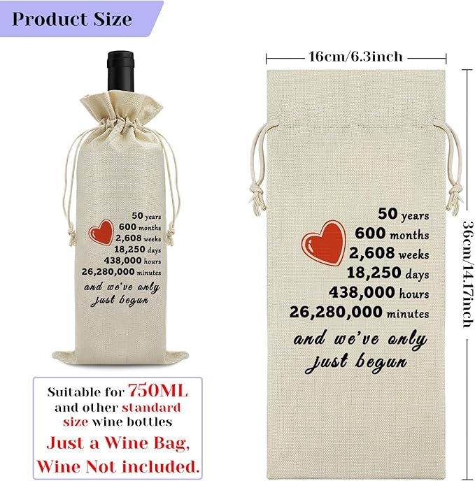 50th Year Marriage Gift for Couple Wife Husband Wine Bag 50th Anniversary Wedding Gift for Women Men Wine Gift Bag Birthday Christmas Valentine Gift for Him Her Drawstring Wine Wrapping Bag