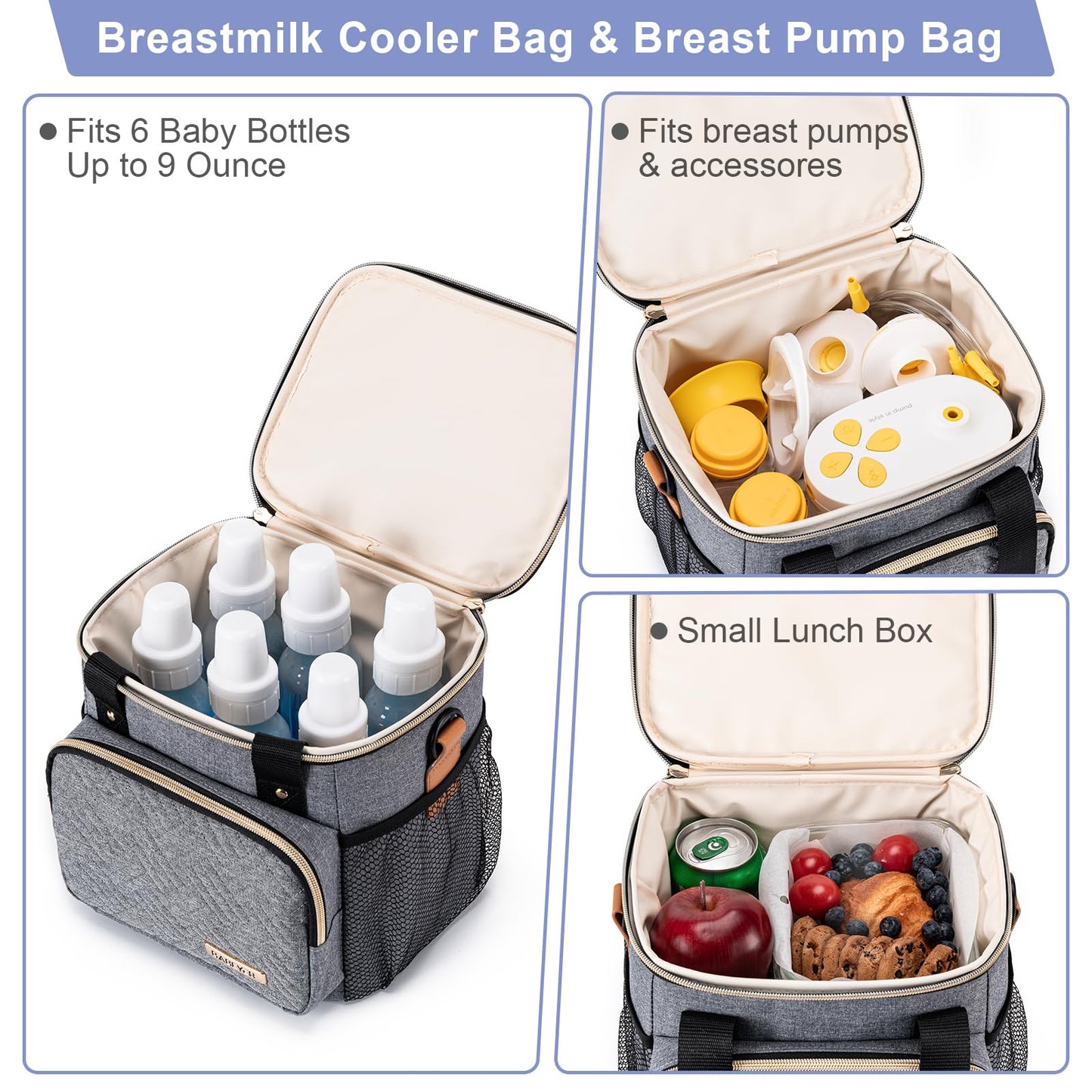 BABEYER Breastmilk Cooler Bag with Ice Pack Fits 6 Baby Bottles up to 9 Ounce, Breast Milk Pump Cooler Bag for Nursing Mom Daycare, Work, Travel-Grey