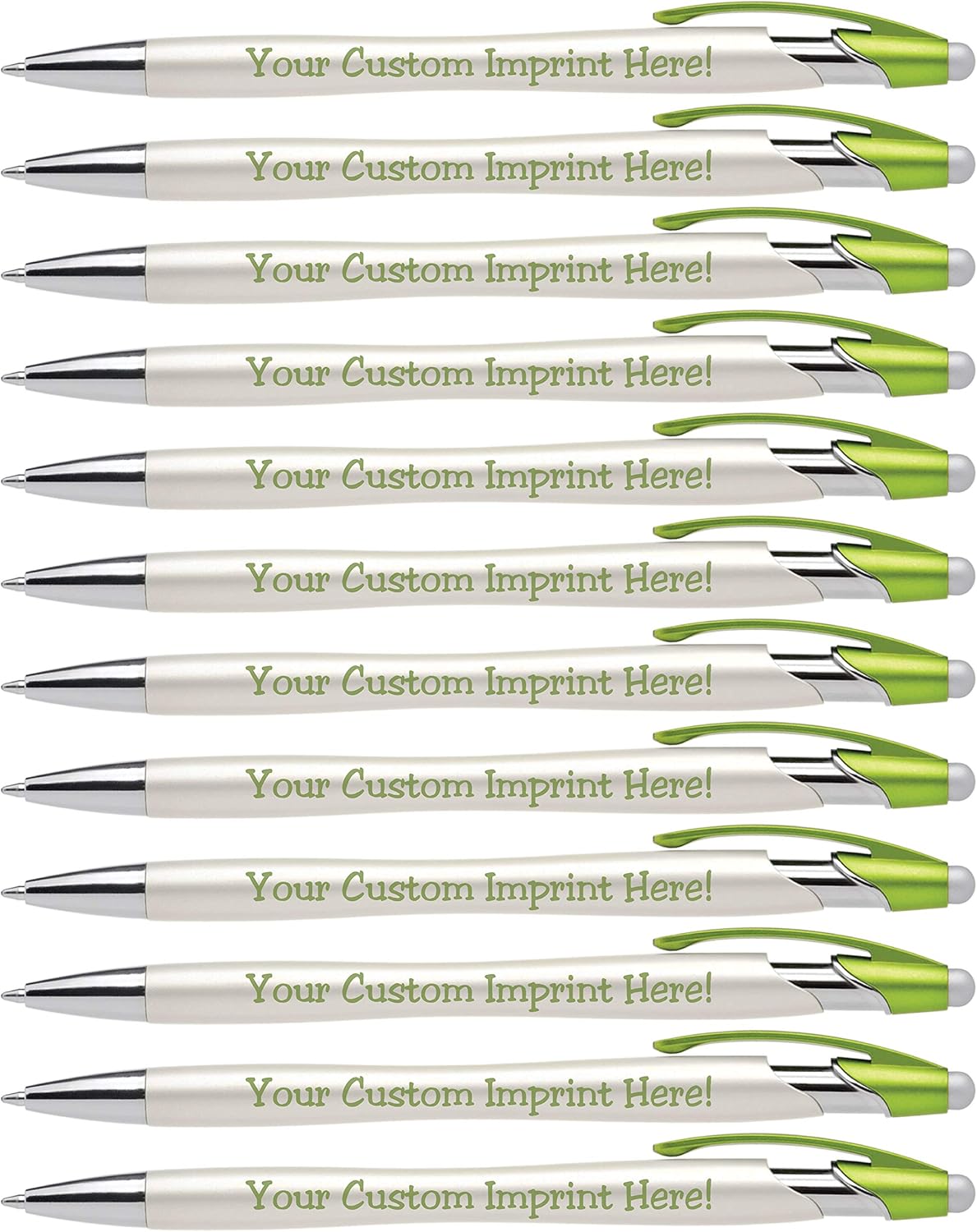 ExpressDesigns™ - Custom Pens with Stylus - The Pearl - Personalized Metallic Printed Name Pens with Black Ink - Imprinted w/Logo or Message with personalization - 12 pack (Green)