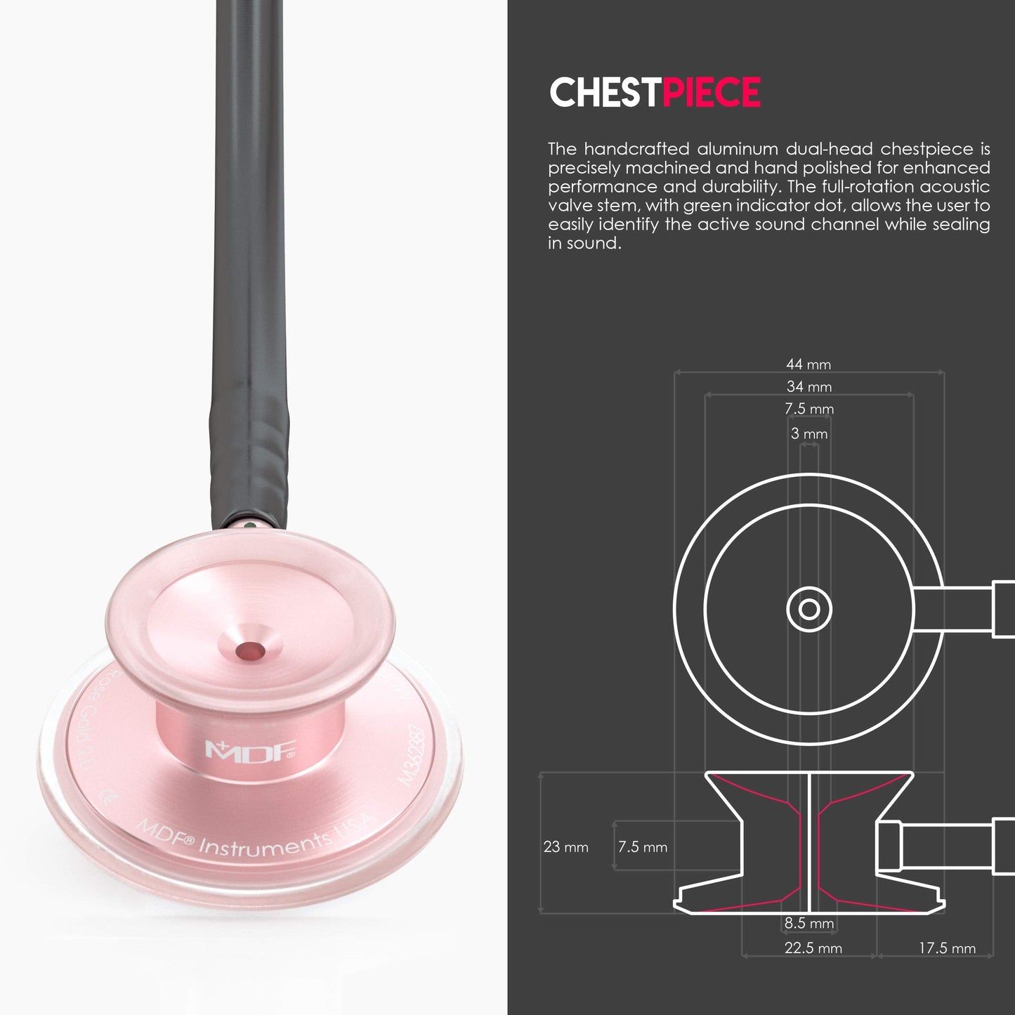 MDF Instruments, Acoustica Lightweight Stethoscope for Doctors, Nurses, Students, Home Health Use, Adult, Dual Head, Black Tube, Rosegold (Matte Finish) Chestpiece-Headset, MDF747XPRG11