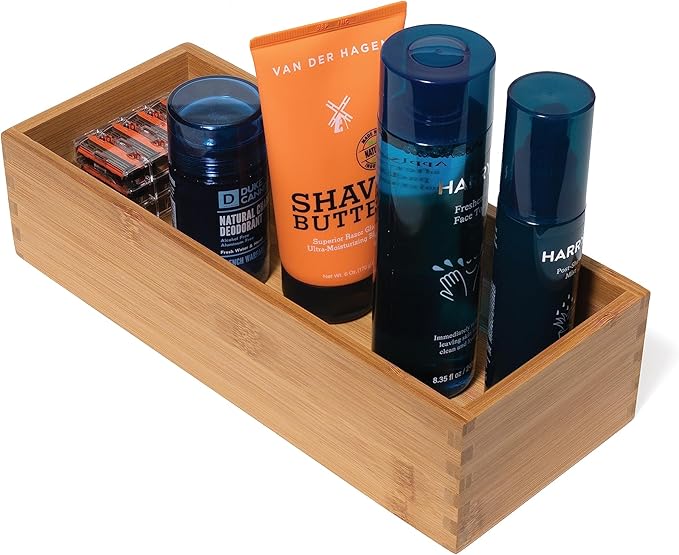 Lipper International Bamboo Wood Utensil Holder Storage Box for Cooking Tools, Makeup, or Office Supplies, 5" x 12" x 3"