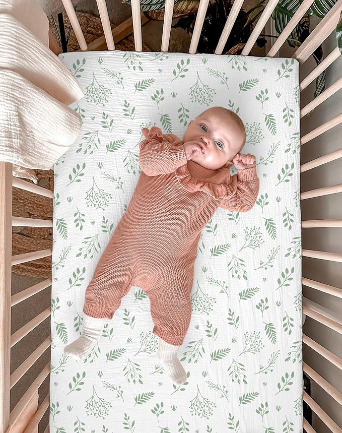 Mini Crib Sheets for Baby Boy Girl 2 Pack, Neutral Mini Crib Mattress Sheet 24" x 38", Muslin Nursery Bedding Soft and Breathable Comfort (Fern Leaf & Sage)