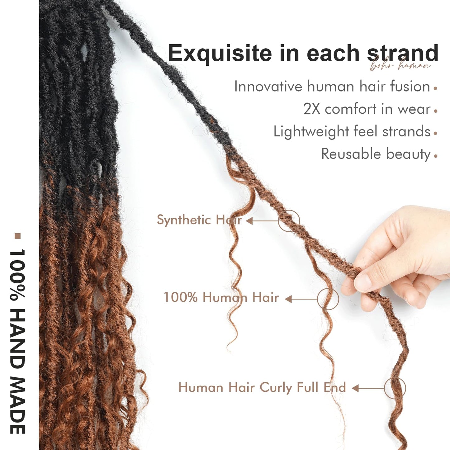 Toyotress Boho Human Hair Locs - 20 Inch 8 Packs Pre-Looped Crochet Locs With Human Hair Curls, Ombre Brown Braiding Hair Extens