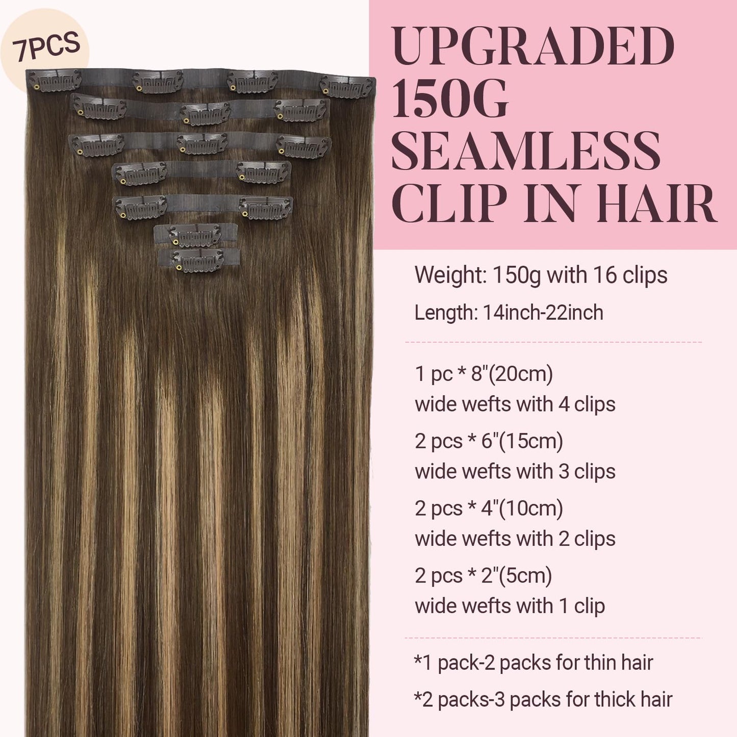 MAXITA Clip in Hair Extensions Real Human Hair, 7pcs 150g Balayage Chocolate Brown to Caramel Blonde 20 Inch, Seamless Hair Exte