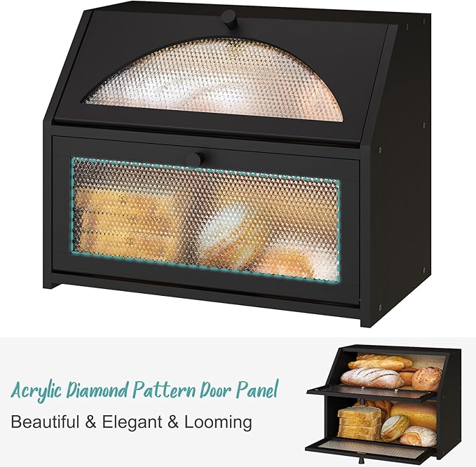 Bread Box, Bamboo Wood Bread Box for Kitchen Counter, Double-layer Bread Storage Bin, Acrylic glass with Diamond Patterns (Black, Large)