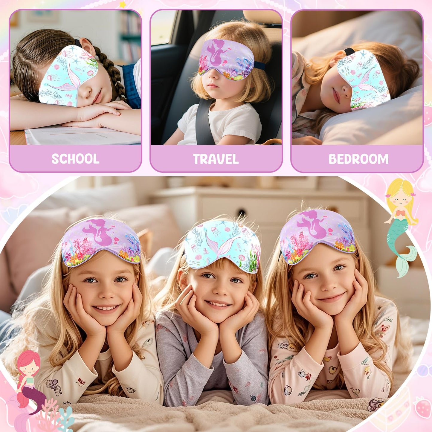 2 Pcs Sleep Mask for Kids Girls, Silk Eye Covers for Sleeping, Adjustable Strap & Light Blocking Design, Children's Bedtime Blindfold for Travel and Home Use (Mermaid)