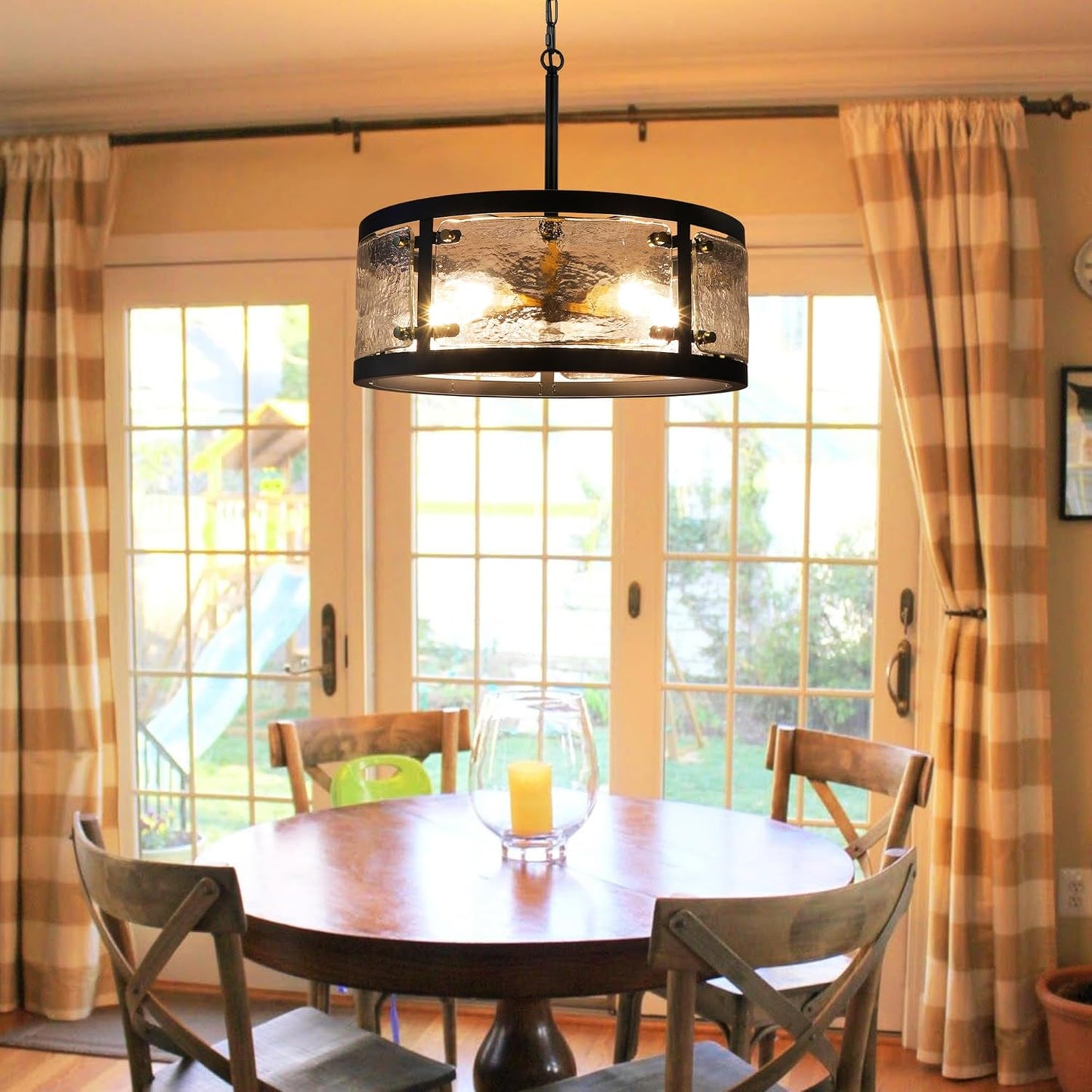 20" Farmhouse Round Black Chandelier, 5-Light Rustic Dining Room Light Fixtures Over Table, Industrial Glass Chandeliers for Dining Kitchen Living Room, Clear Waterglass Drum Shade