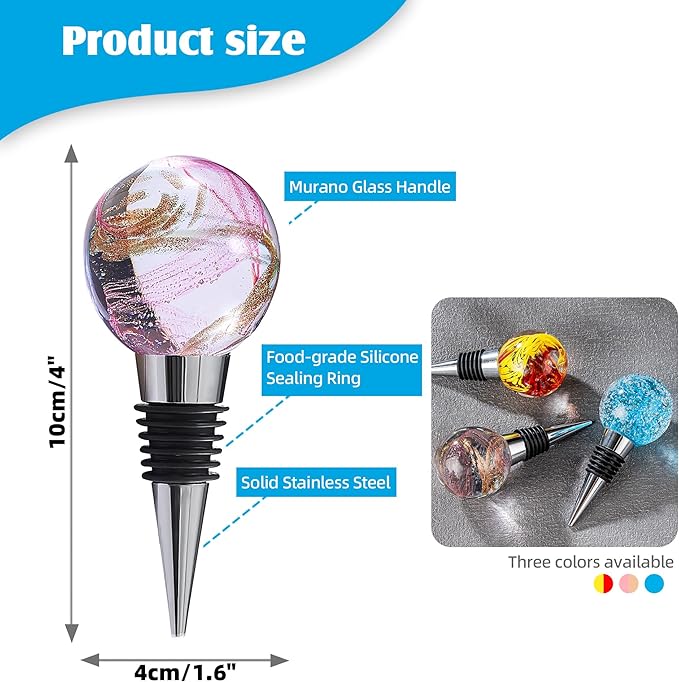 Murano Glass Art Wine Bottle Stopper with Purple and Champagne Glass Ball, Beverage Bottle Stoppers For Gifts, Bar, Holiday Party, Wedding, Pack of 1
