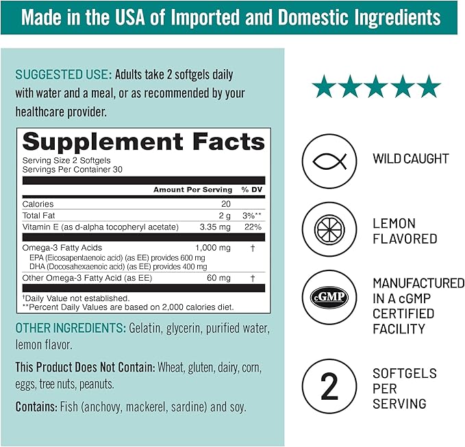 NatureWise Extra-Strength Omega 3 Fish Oil Supplement - 1000mg per Serving - 600 EPA & 400 DHA and Vitamin E - Support for Heart & Brain Health - Lemon Flavor, GMO-Free - 60 Softgels[1-Month Supply]