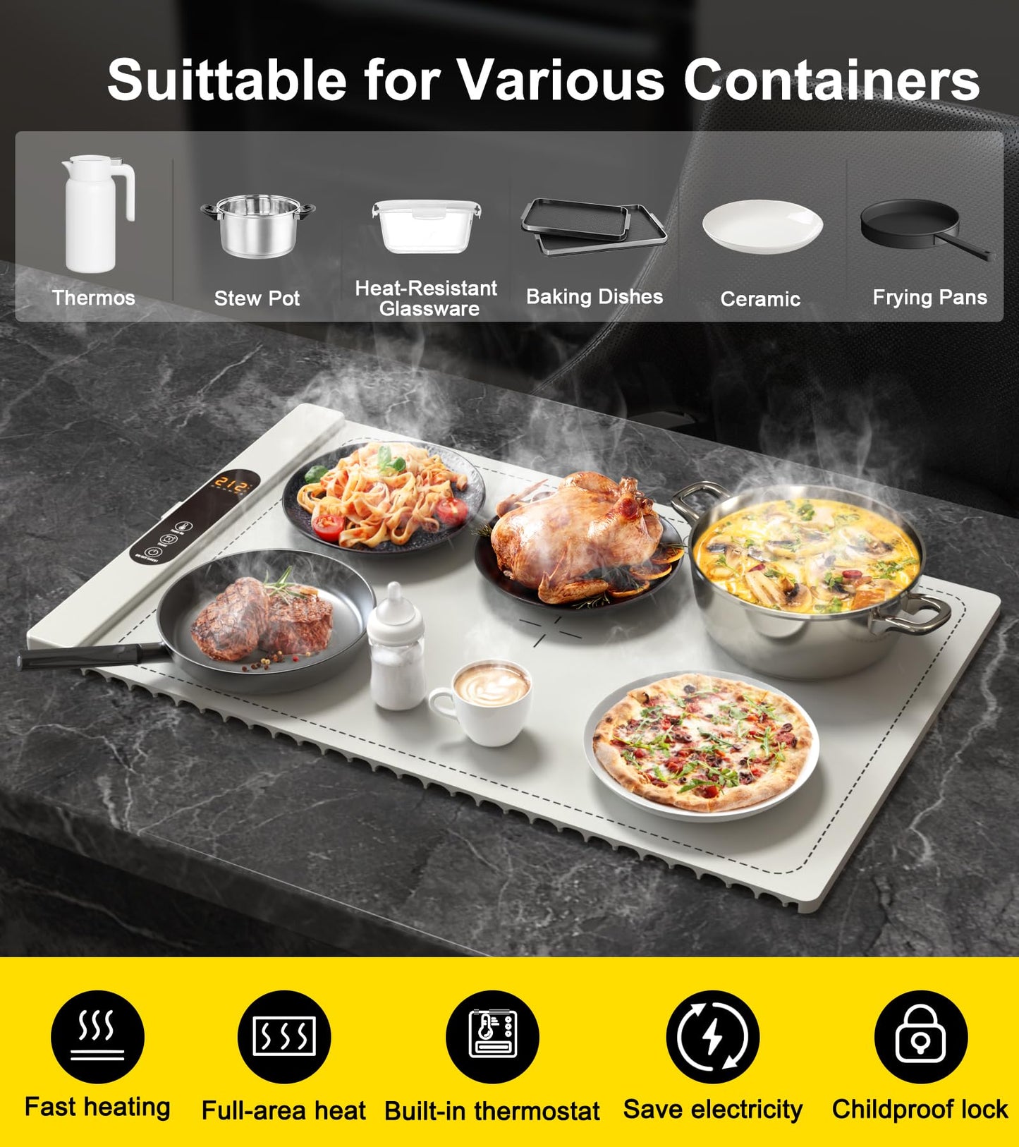 Warming Mat for Food, Electric Silicone Warming Tray for Buffet Party, 6 Temperature Settings, 5H Timer, Safety Lock, Foldable Plateful Food Warmer Mat for Countertop, Kitchen, Family