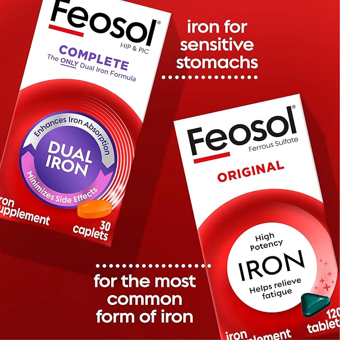 Feosol Original Iron Supplement Tablets,Non-heme 325mg Ferrous Sulfate (65mg Elemental Iron) per Iron Pill, 1 Per Day, 4 Month Supply, for Energy and Immune System Support (120 ct Pack of 2)