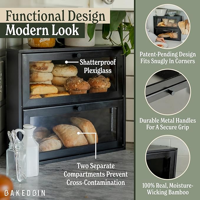 Corner Bread Box for Kitchen Countertop - New 2025 Airtight Design - Extra Large, Double Layer Black BreadBox, Vintage Storage for Homemade Bread, Under Cabinet Organizer