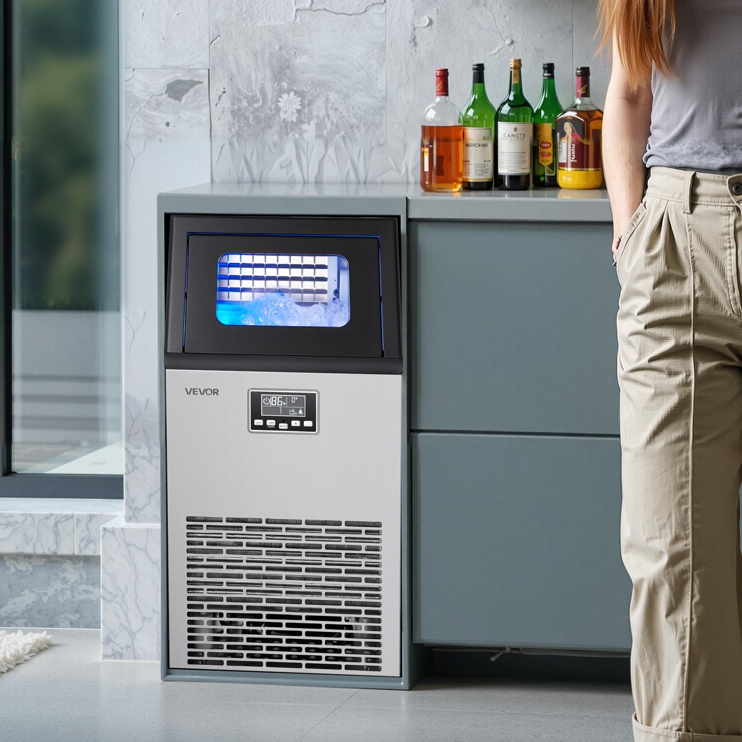 VEVOR Commercial Ice Maker Machine with 2 Water Inlets, 120 lbs/24h with 28Lbs Storage, Stainless Steel Freestanding & Under Counter Ice Maker with LED Display & Self-Cleaning, for Home Bar Restaurant