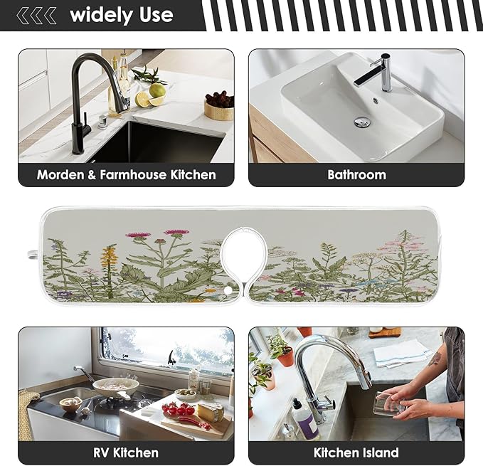 Kitchen Faucet Absorbent Mat, Herbs Wild Flowers Plant Water Splash Guard for Sink, Faucet Drip Catcher Thicken Sponge Microfiber Faucet Water Catcher Mat Sink Absorbent Mat for Kitchen 23x5in 2 Pack